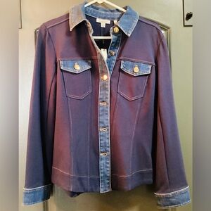 Chico's Blue Shirt-Jacket with denim trim. Gold button accents.